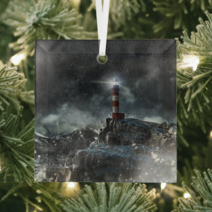 Lighthouses   Lighthouse in the Storm Glass Tree Decoration