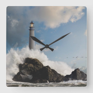 Lighthouses   Lighthouse With Crashing Waves Square Wall Clock