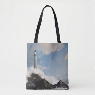 Lighthouses   Lighthouse With Crashing Waves Tote Bag