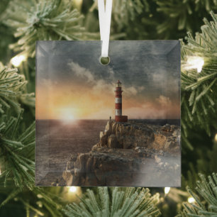 Lighthouses   Red & White Lighthouse Glass Tree Decoration