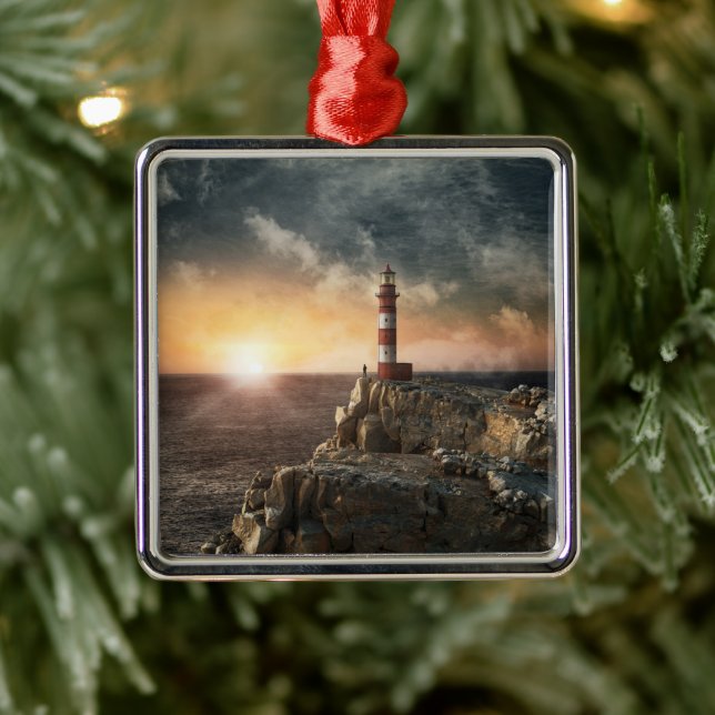Lighthouses | Red & White Lighthouse Metal Tree Decoration (Tree)