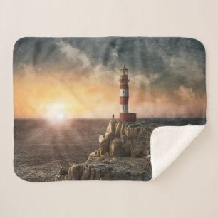 Lighthouses   Red & White Lighthouse Sherpa Blanket