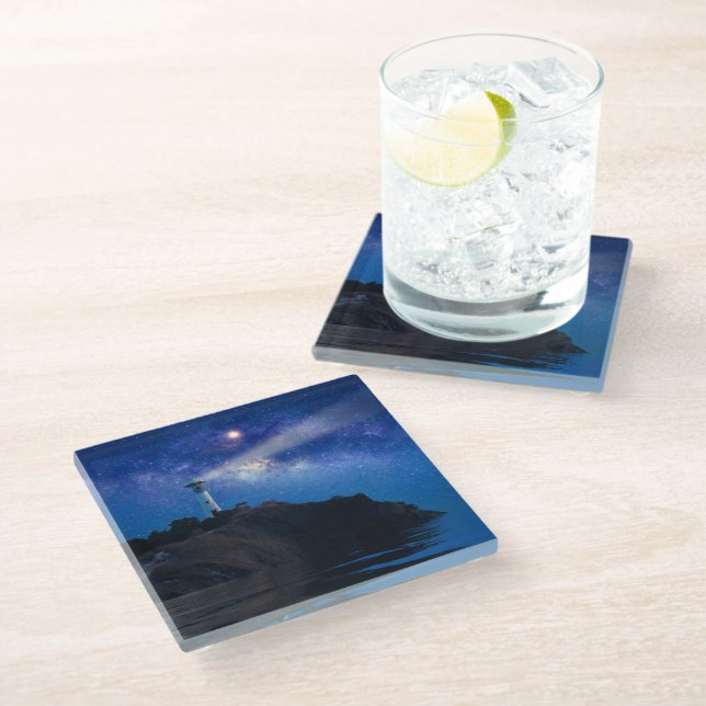 Lighthouses | Starry Night Lighthouse Glass Coaster (Angled)