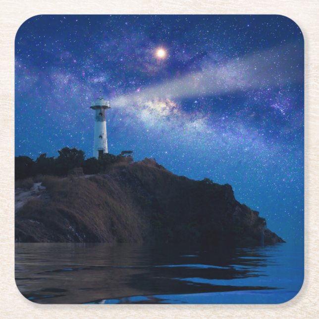 Lighthouses | Starry Night Lighthouse Square Paper Coaster (Front)