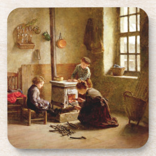 Lighting the Stove, 1886 (oil on panel) Coaster
