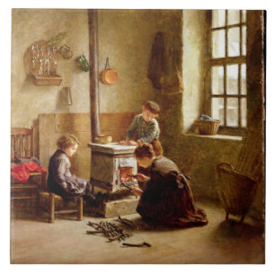 Lighting the Stove, 1886 (oil on panel) Tile