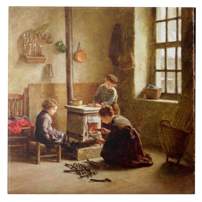 Lighting the Stove, 1886 (oil on panel) Tile (Front)