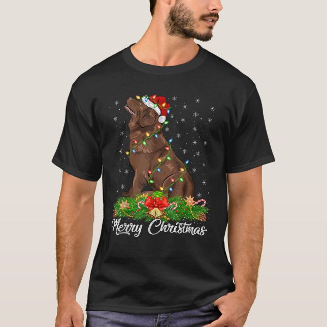 Lighting Xmas Matching Santa Hat Newfoundland Dog  T-Shirt (Front)
