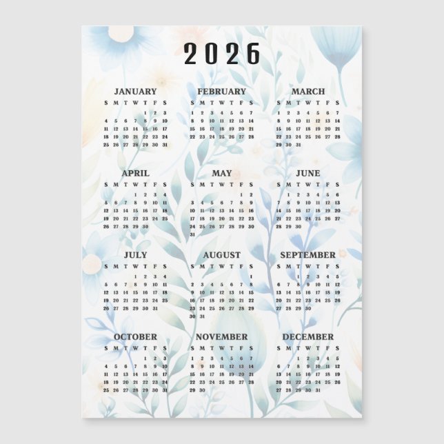 Lightly Floral Design 2026 Calendar Magnetic Card (Front)