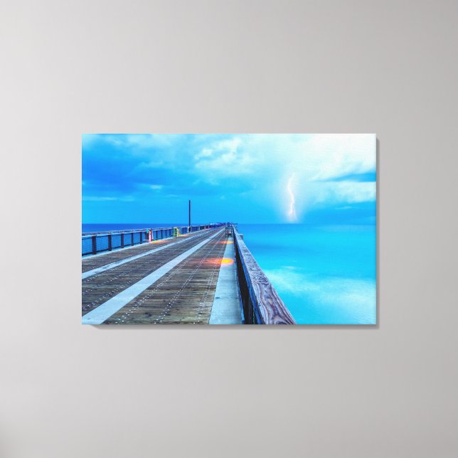 Lightning At Navarre Beach Pier Canvas Print (Front)