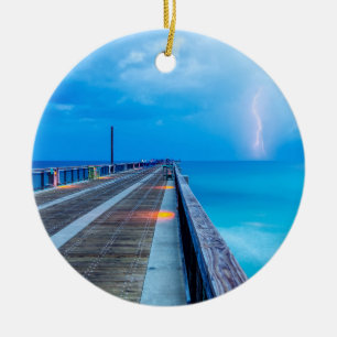 Lightning At Navarre Beach Pier Ceramic Tree Decoration