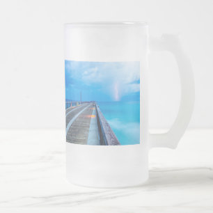 Lightning At Navarre Beach Pier Frosted Glass Beer Mug