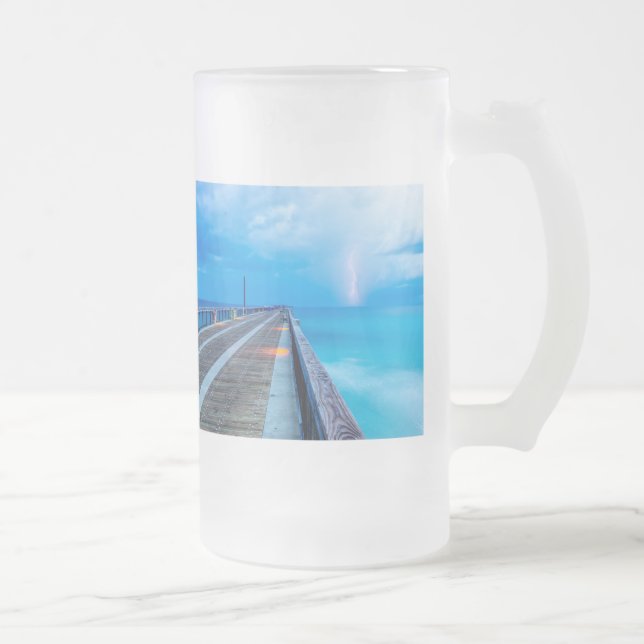 Lightning At Navarre Beach Pier Frosted Glass Beer Mug (Right)
