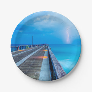 Lightning At Navarre Beach Pier Paper Plate