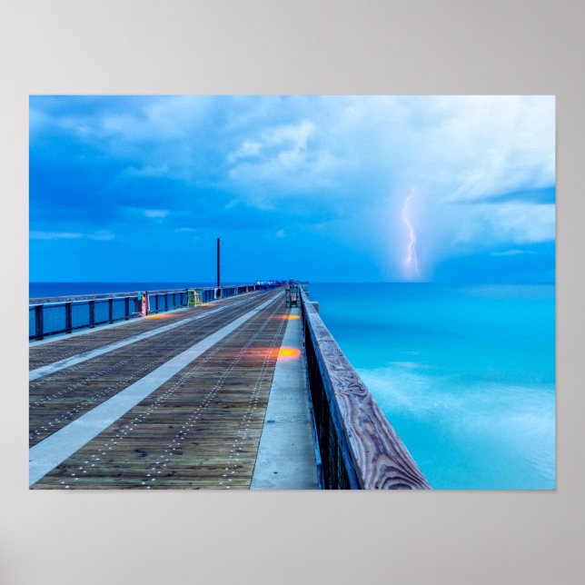 Lightning At Navarre Beach Pier Poster (Front)
