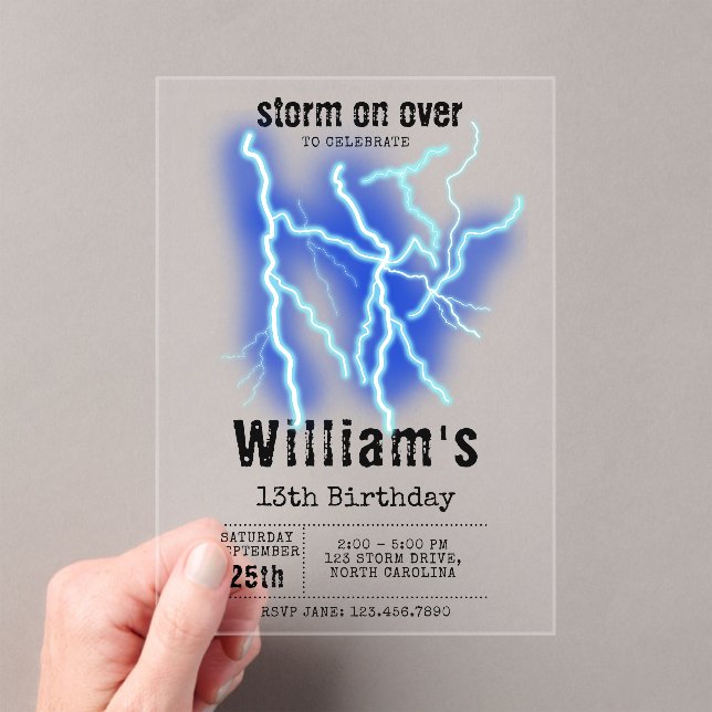 Lightning Bolt Electricity Thunderstorm Birthday Acrylic Invitations (Insitu (Handheld))