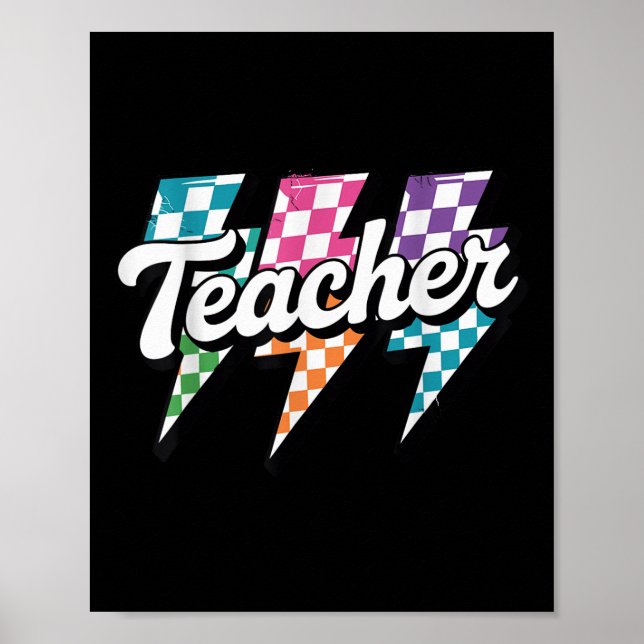 Lightning Bolt Teacher Back To School Chequered Re Poster (Front)