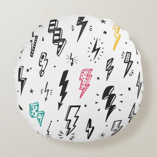 Lightning bolts, hand-drawn doodle set. round cushion (Front)
