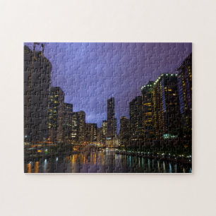 Lightning Over Chicago River Jigsaw Puzzle