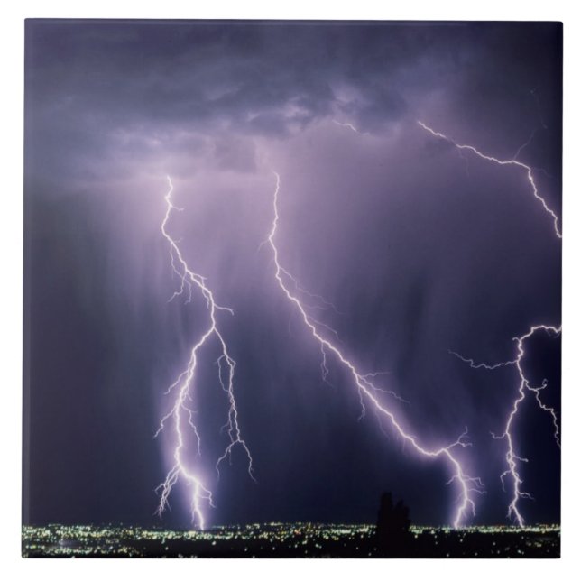 Lightning over Salt Lake Valley, Utah. Tile (Front)