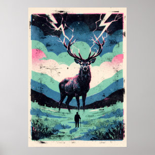 Lightning Stag and Lone Figure Retro Art Poster