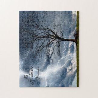 Lightning Storm Tree Personalised Navy Blue Jigsaw Puzzle
