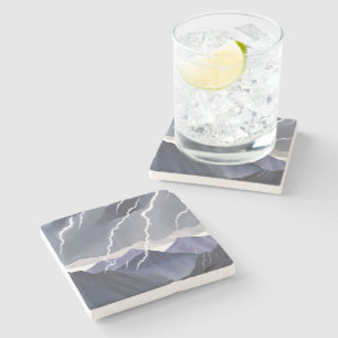 Lightning Storm Watercolor Dark Mountains Stone Coaster