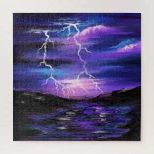 Lightning Strike At Night Over A River - Drawing Jigsaw Puzzle