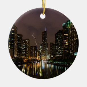 Lightning Strike Over Chicago River Ceramic Tree Decoration