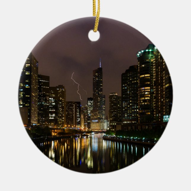 Lightning Strike Over Chicago River Ceramic Tree Decoration (Front)