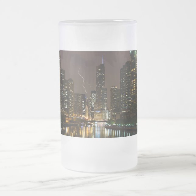 Lightning Strike Over Chicago River Frosted Mug (Center)