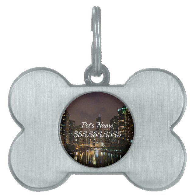 Lightning Strike Over Chicago River Pet ID Tag (Front)