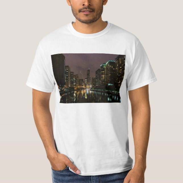 Lightning Strike Over Chicago River T-Shirt (Front)