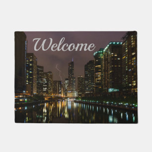 Lightning Strike Over Chicago River Welcome Doormat
