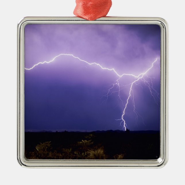 Lightning strike over desert, Big Bend Metal Tree Decoration (Front)