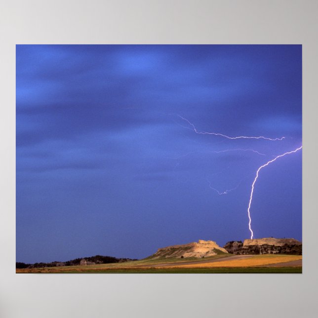 Lightning strikes buttes near Scottsbluff Poster (Front)