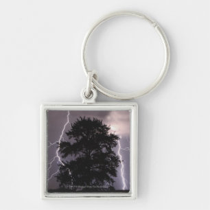 Lightning Strikes In The Sky Behind A Tree Key Ring