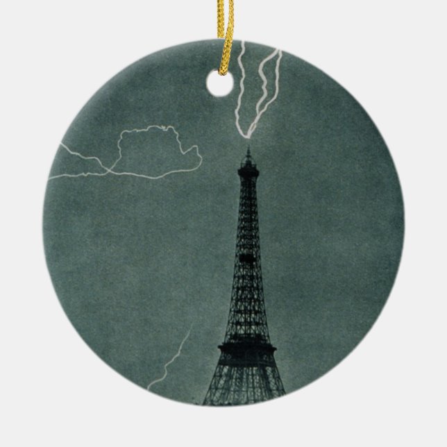 Lightning Striking the Eiffel Tower Ceramic Tree Decoration (Front)