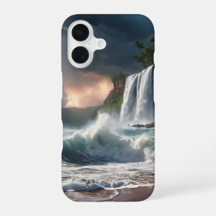 Lightning Waterfall Cliff Waves Beach iPhone 16 Case