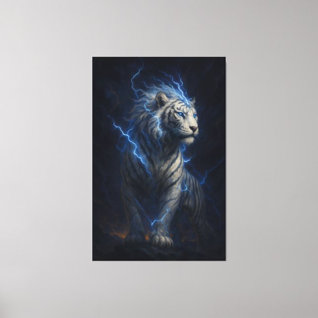Lightning White Tiger – Electric Storm Fantasy Art Canvas Print (Front)