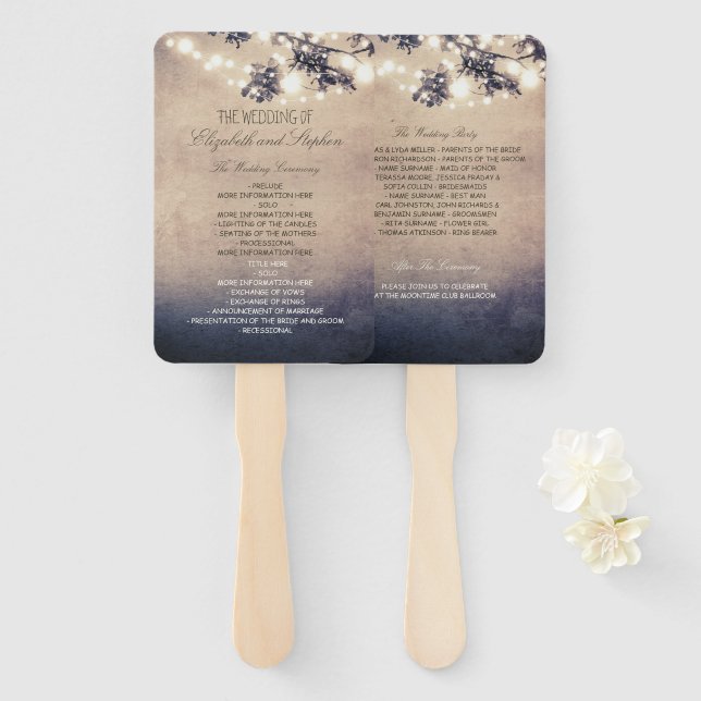 Lights and Branches Rustic Wedding Program Hand Fan (Front and Back)