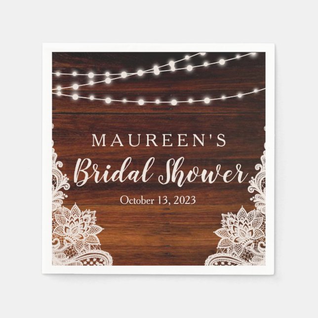 Lights and Lace Rustic Wood Bridal Shower Napkin (Front)