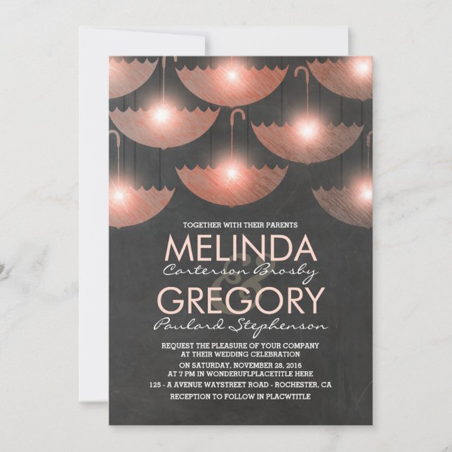Lights and Umbrellas Chalkboard Pink Wedding Invitation (Front)