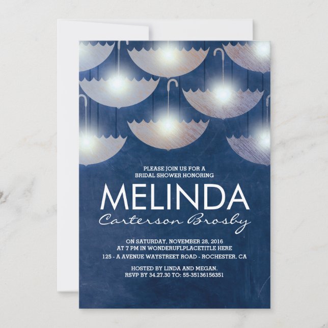 Lights and Umbrellas Navy Blue Bridal Shower Invitation (Front)