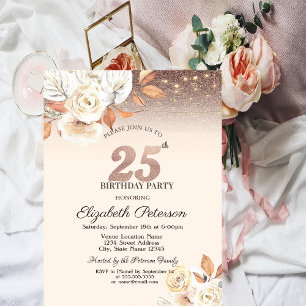 Lights,Autumn Flowers Glitter Bokeh 25th Birthday Invitation