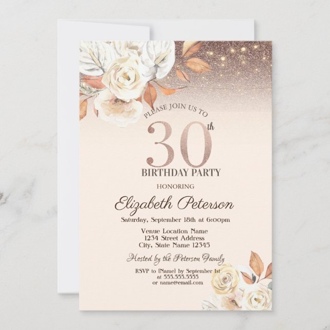  Lights,Autumn Flowers Glitter Bokeh 30th Birthday Invitation (Front)