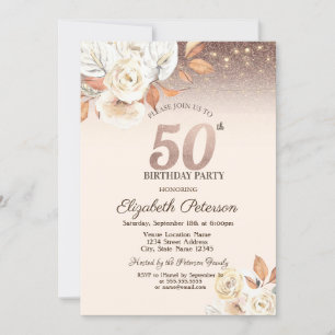  Lights,Autumn Flowers Glitter Bokeh 50th Birthday Invitation