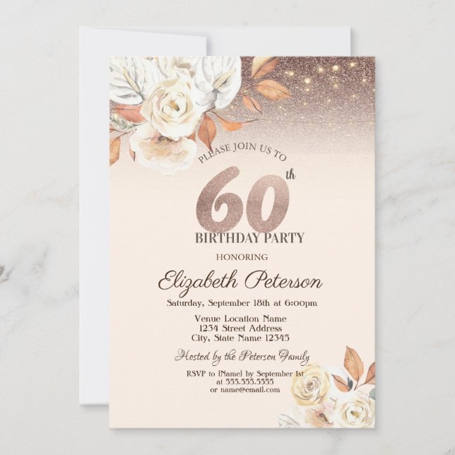  Lights,Autumn Flowers Glitter Bokeh 60th Birthday Invitation (Front)