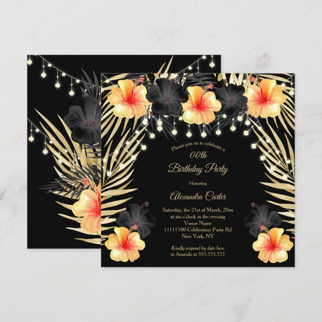 Lights Black Gold yellow Hibiscus Tropical Party Invitation (Front/Back)