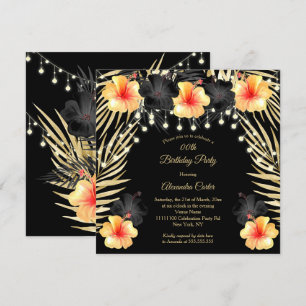 Lights Black Gold yellow Hibiscus Tropical Party Invitation